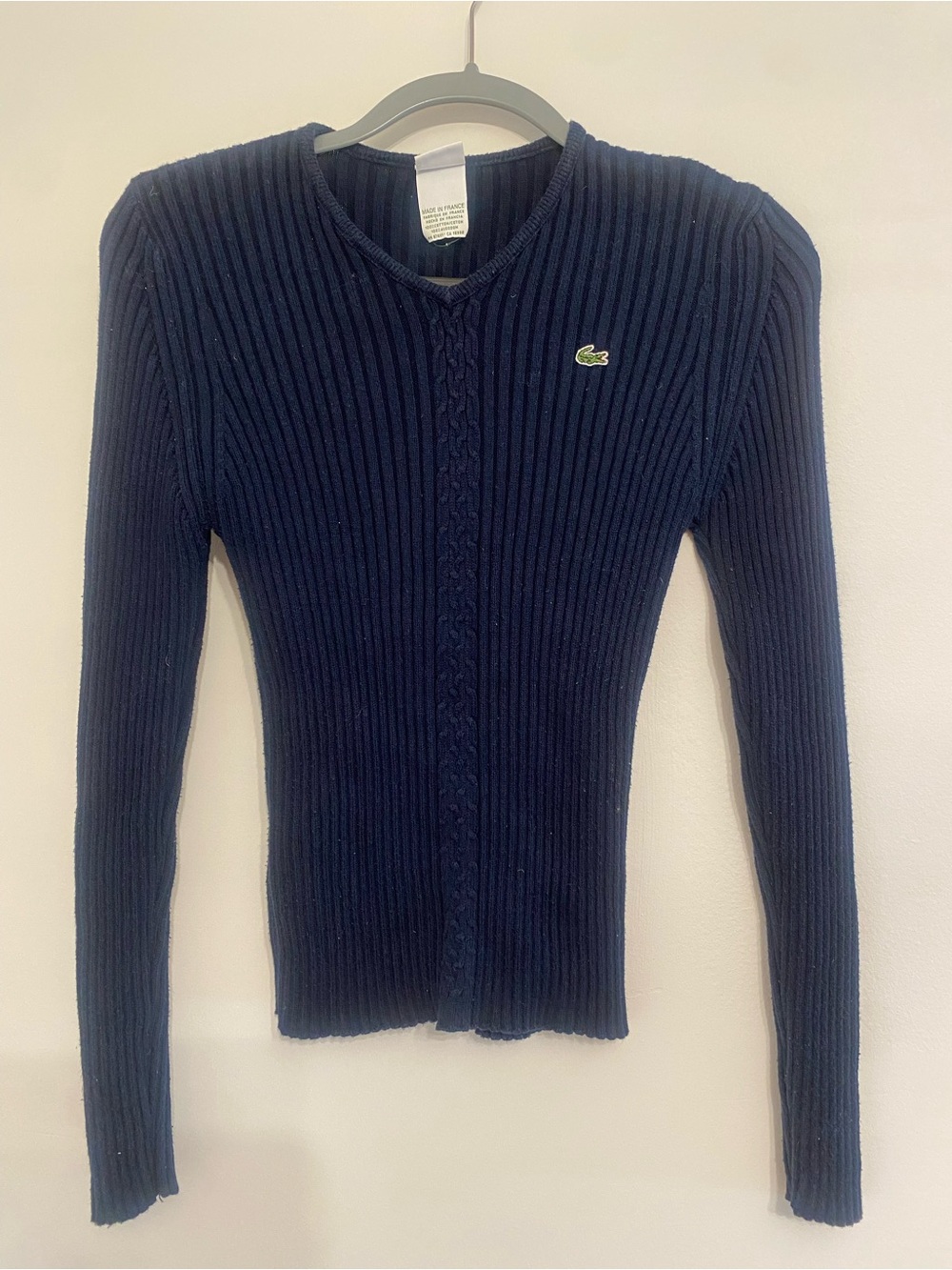 Rare Vintage Lacoste Made in France Cable Detail High V Neck Knit Top Navy